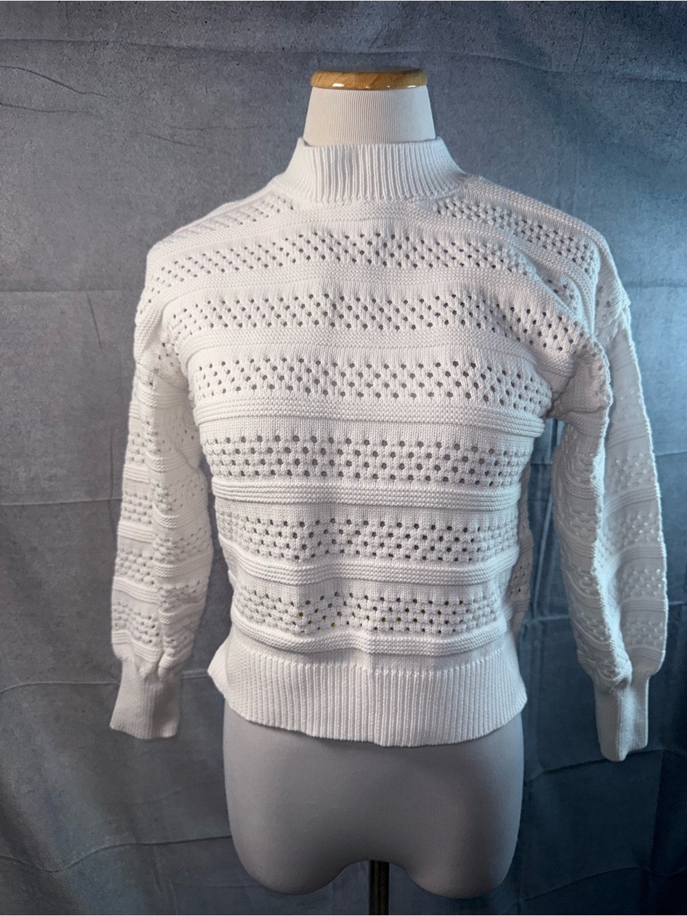 1906-Marc New York White Open-Weave Mock Neck Sweater